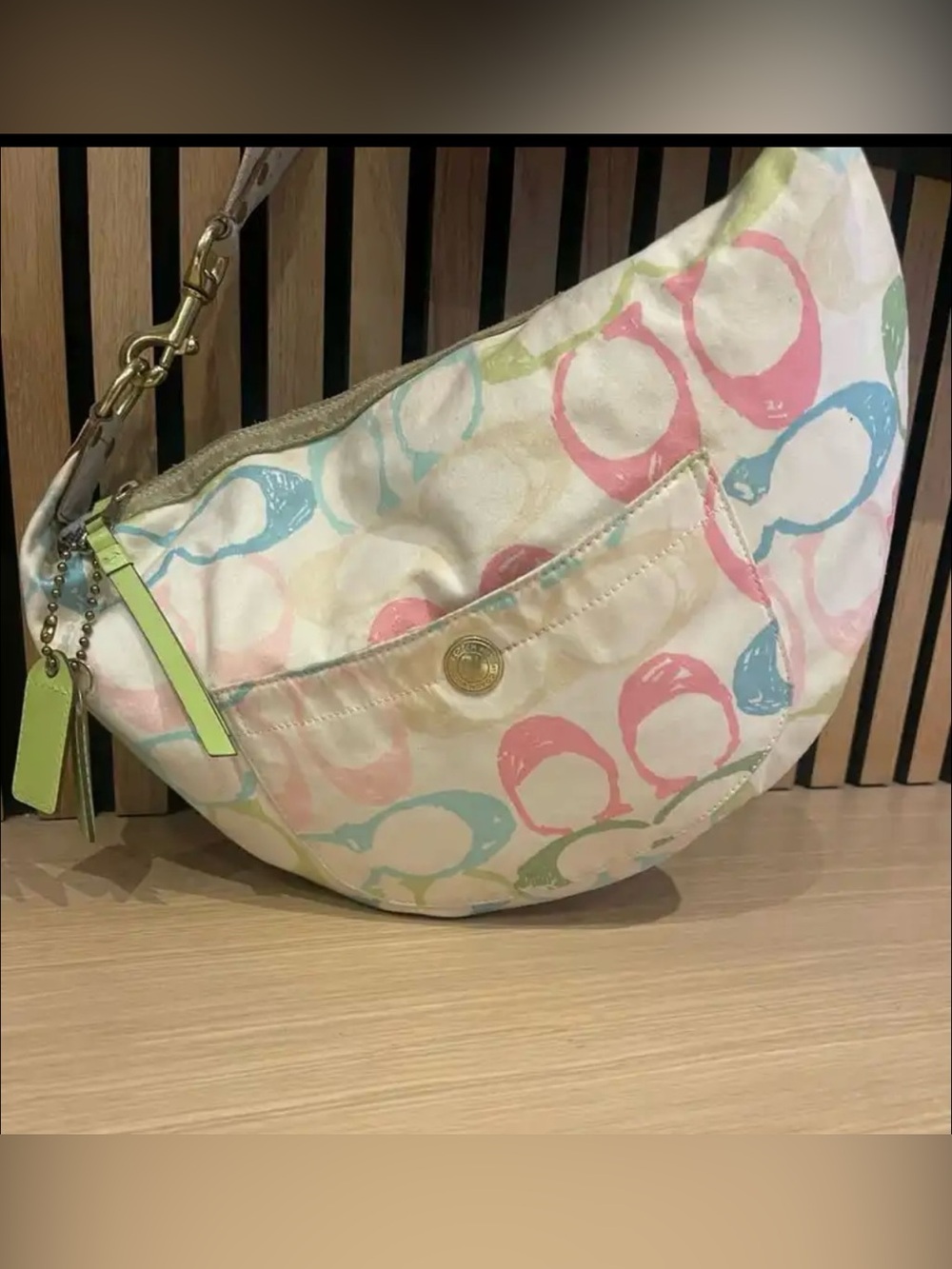 Coach Crescent Shoulder Bag in Cream with Pink, Blue & Green Accents